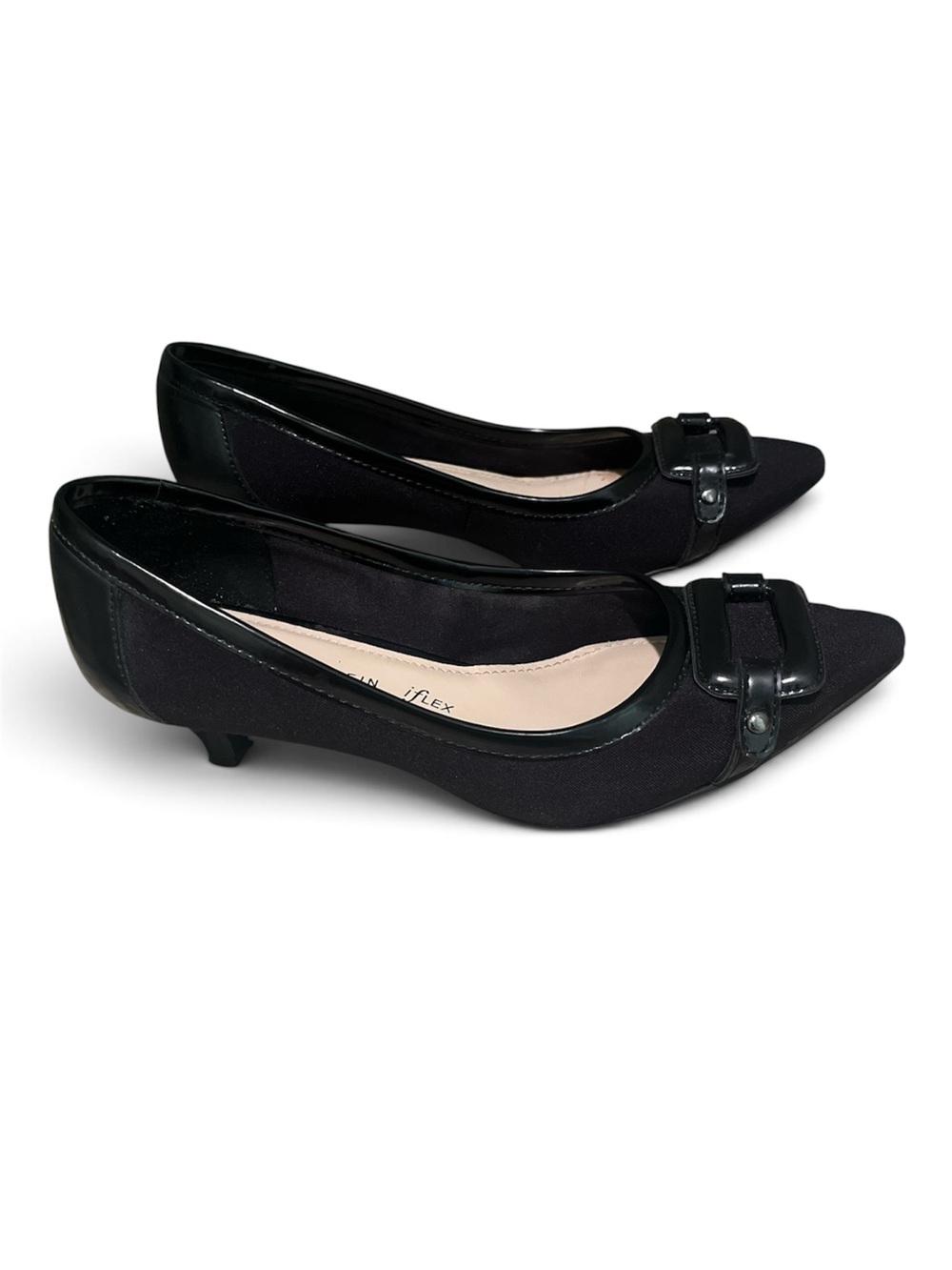 Anne Klein Black Felt Pointed Toe Kitten Heel Pumps with Buckle